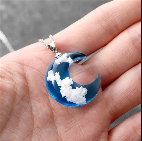 BLUE CRESCENT MOON WHITE CLOUD Pendant On 18″ 925 Sterling Silver Necklace Women