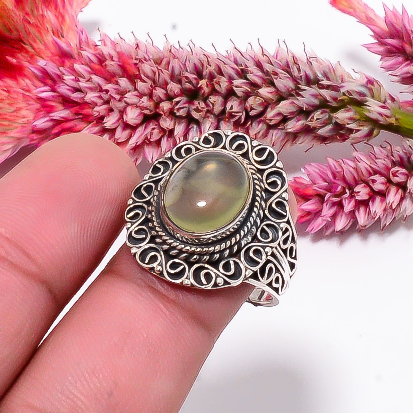 Prehnite – South Africa Fine Art Oxidised 925 Sterling Silver Ring S.9 R115529