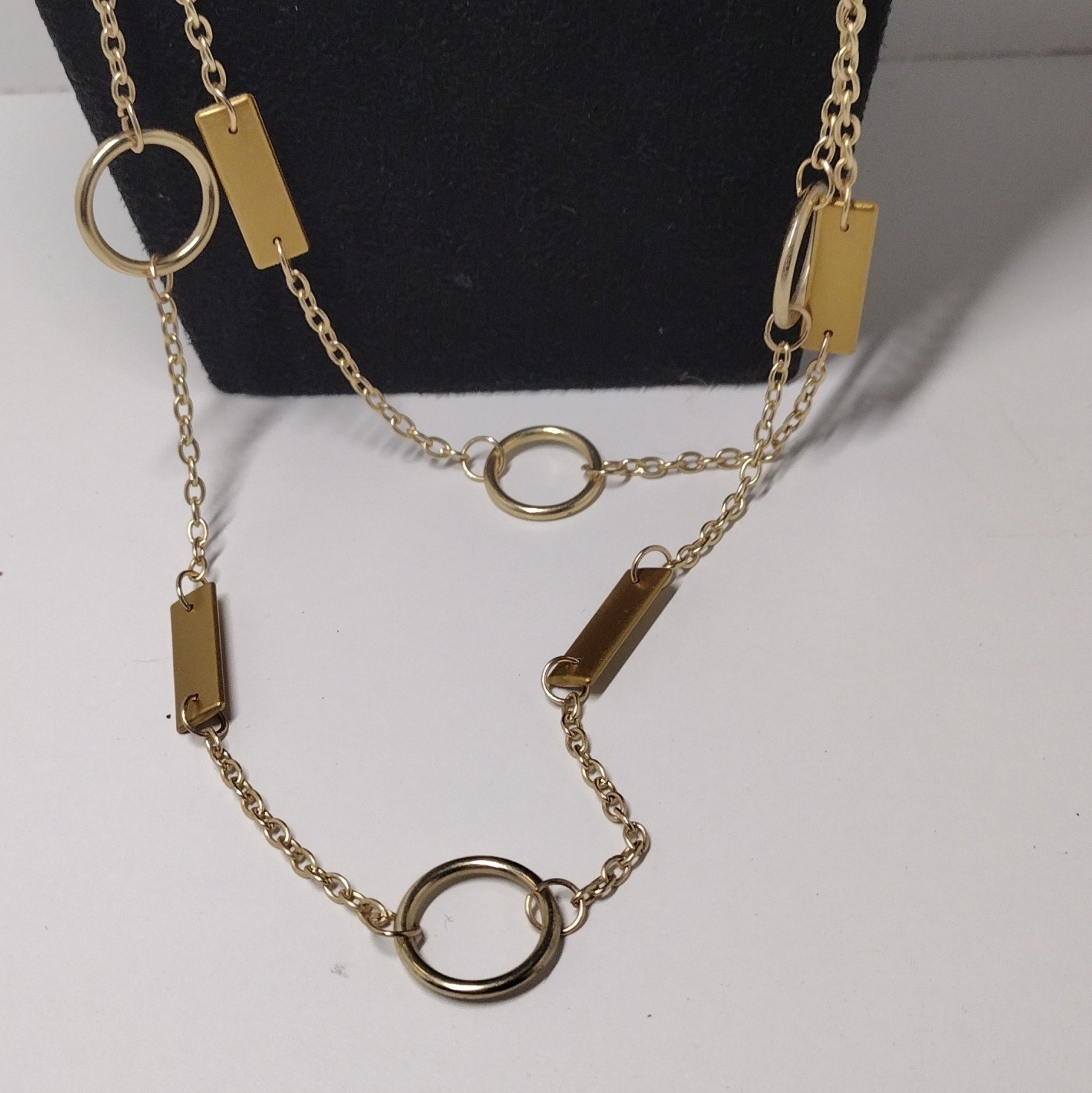 Gold Tone Layered Station Round Link Chain Necklace Lobster Clasp No Stone