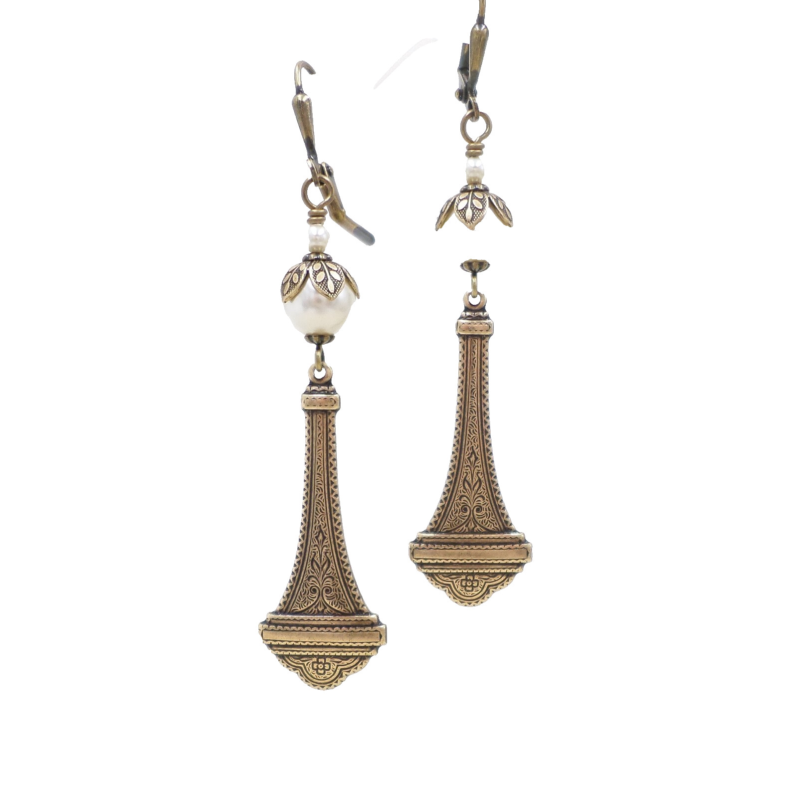 Brass Victorian Style Earrings, Cream Faux Pear Handmade Wedding Jewelry