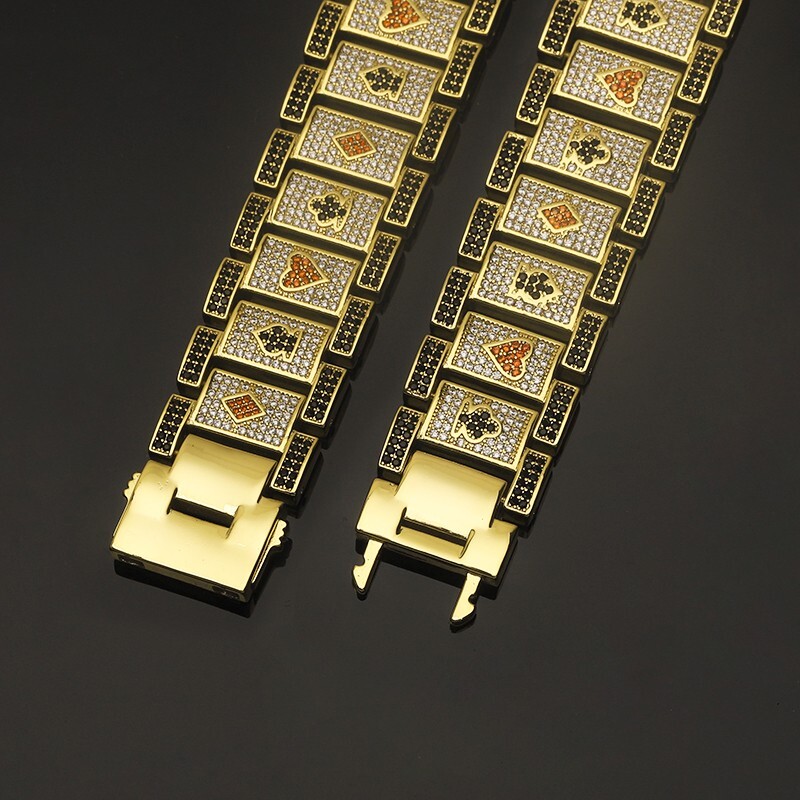 Wold Poker Champion Bracelet Brass Iced 8.5″ Simulated Diamond Gold Plated Bling