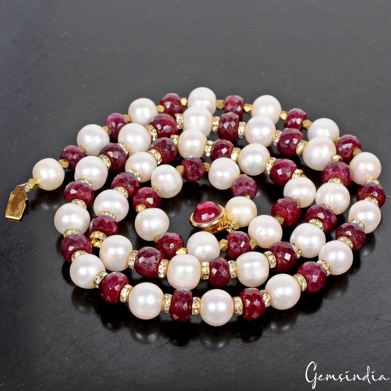 500 Ct Natural Ruby Freshwater Pearl Beaded Handmade Single Strand Necklace 28″