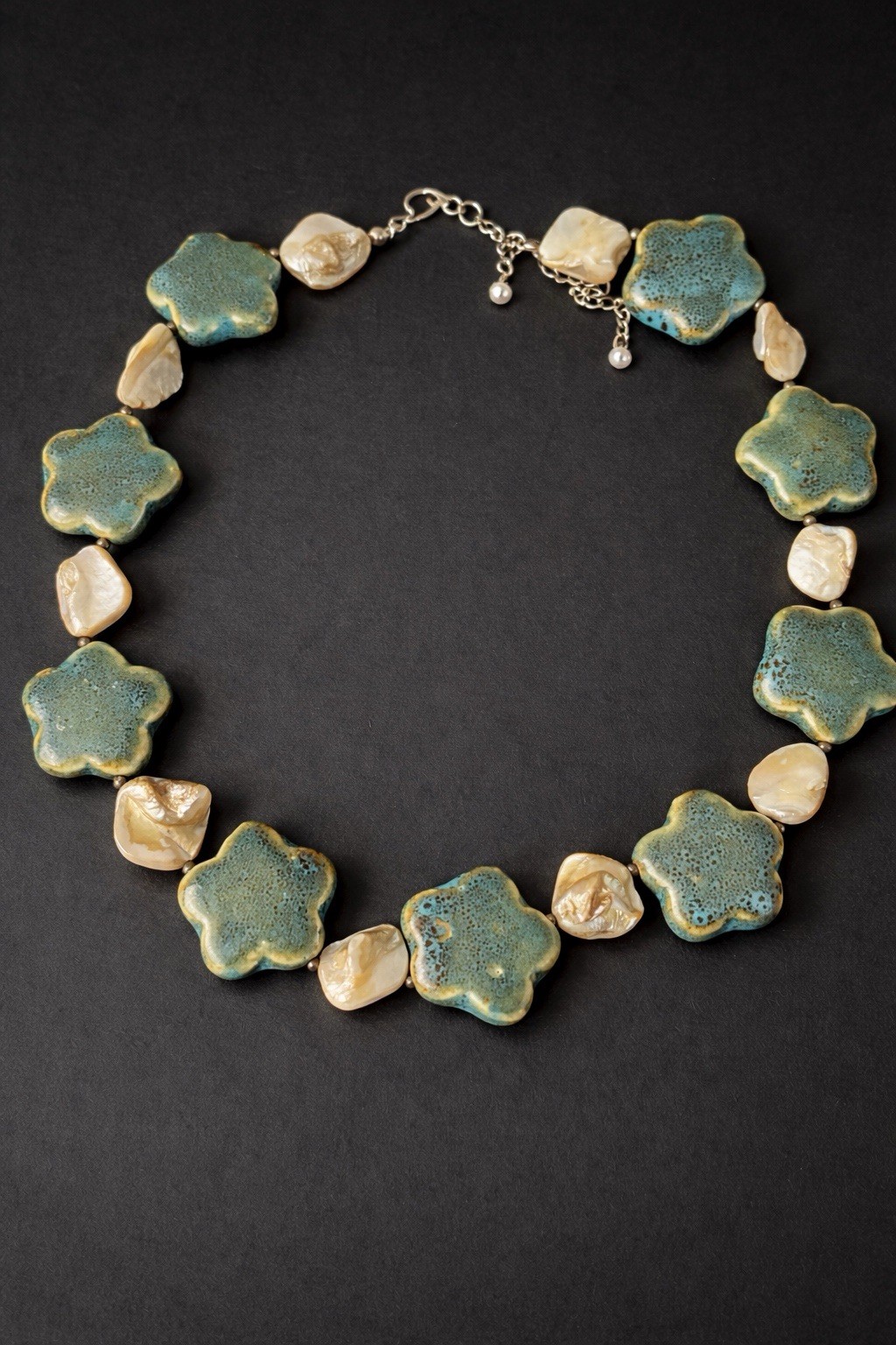 Vintage Donna Dressler Signed 23.5″ Teal Star Necklace – Mother of Pearl 925