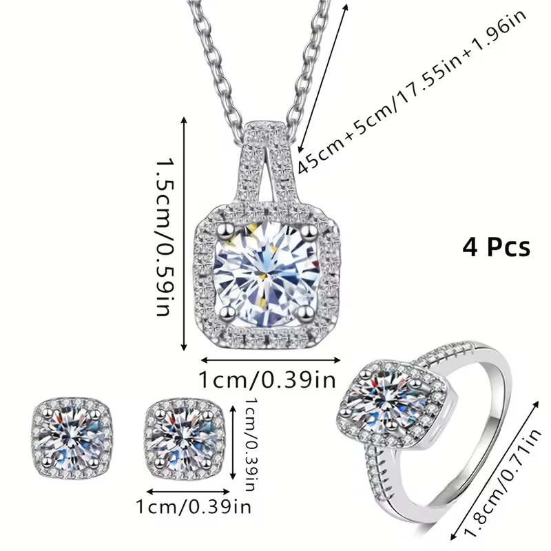 4PCS Cubic Zirconia Jewellery Set Necklace Earrings Ring Daily wear Wedding Gift