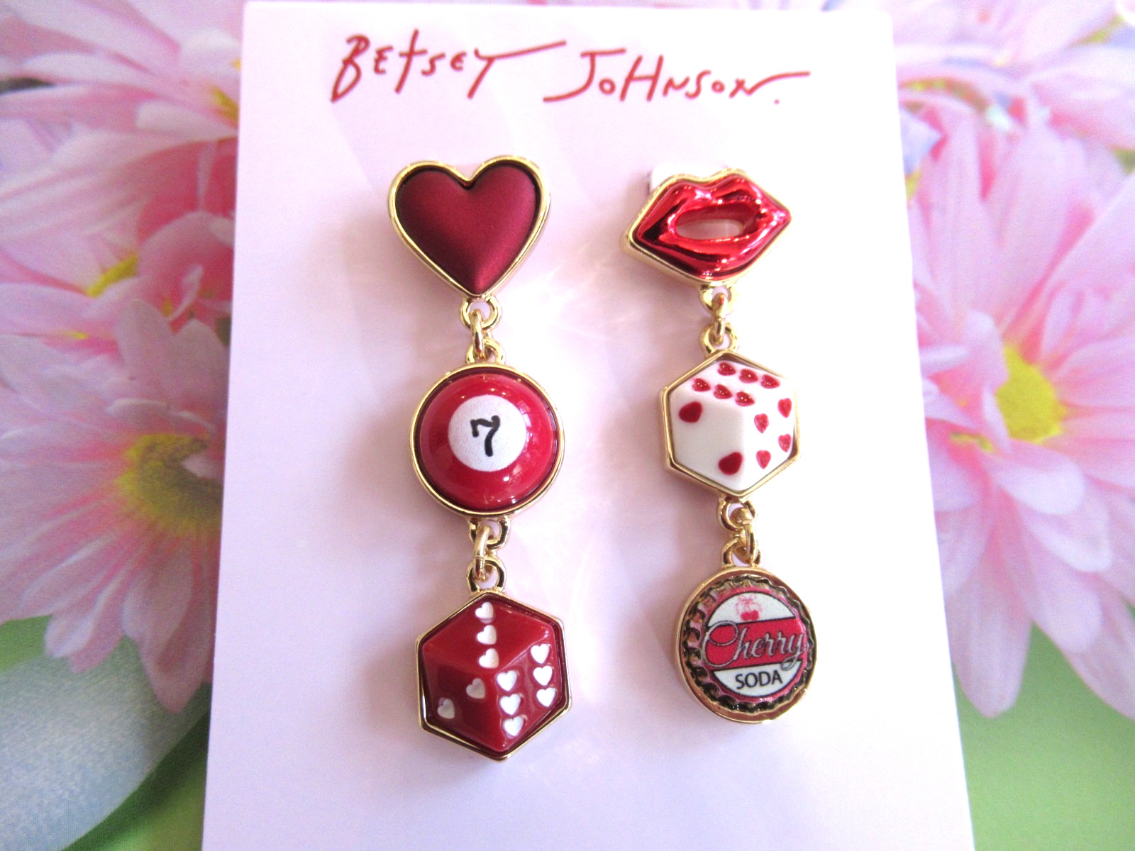Betsey Johnson Authentic Red Lucky Dice Cherry Soda Hearts Drop Earrings NWT