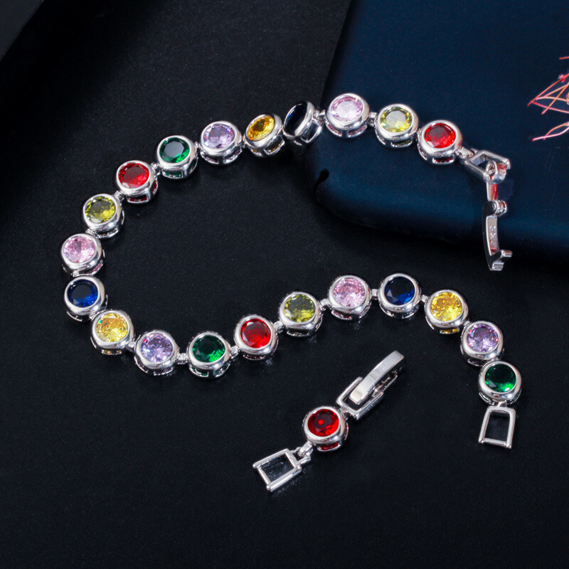 Gorgeous Gold Plated Colorful Round Cubic Zirconia Tennis Bracelet Women Jewelry