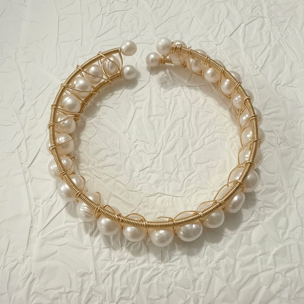 Natural White Freshwater Pearl Cuff Bracelet Gold Wire Wrapped Open Bangle Gift