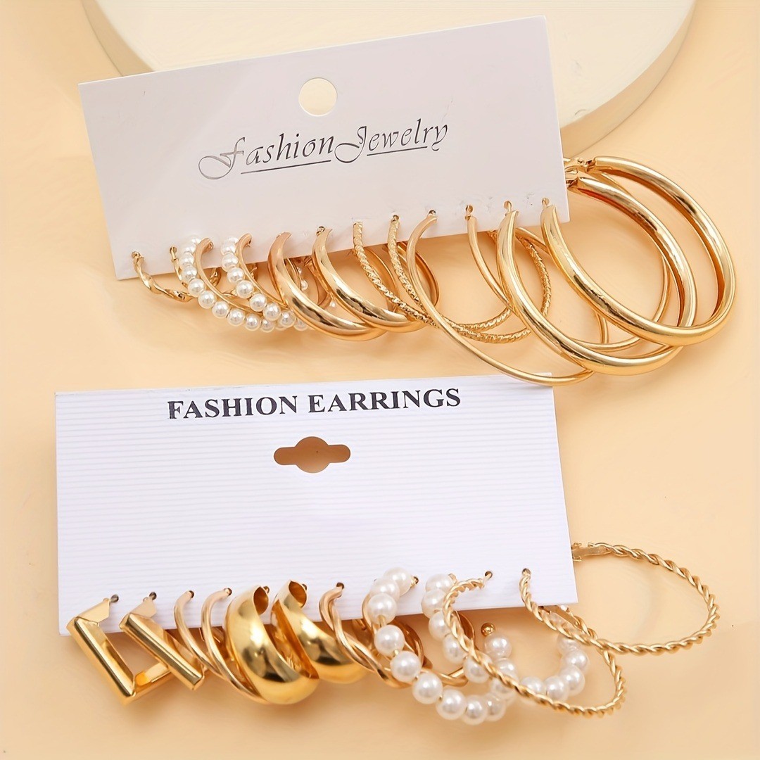 24pairs Golden Silvery Imitation Pearl Circle Hoop Earrings Zinc Alloy Jewelry