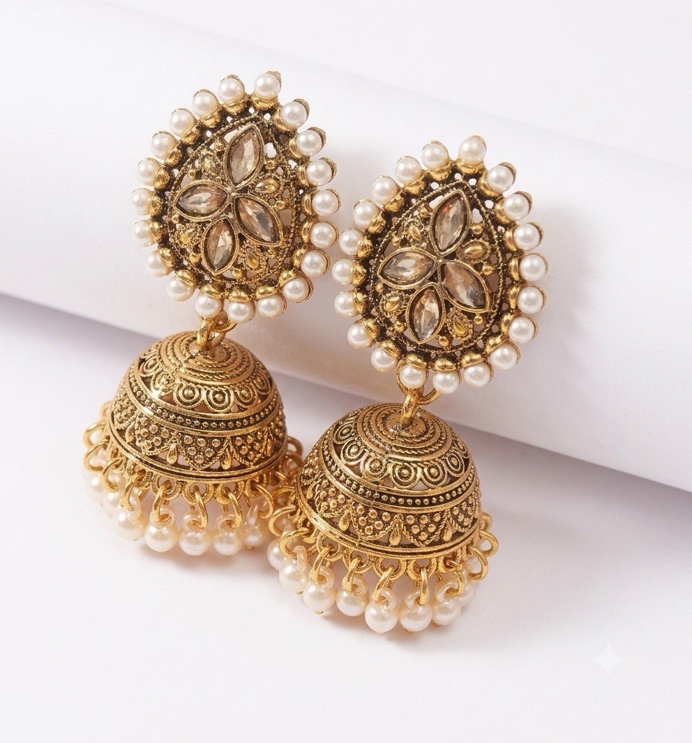 Women Jhumka earrings with Pearl Tassels Gold Color Traditional Jewelry