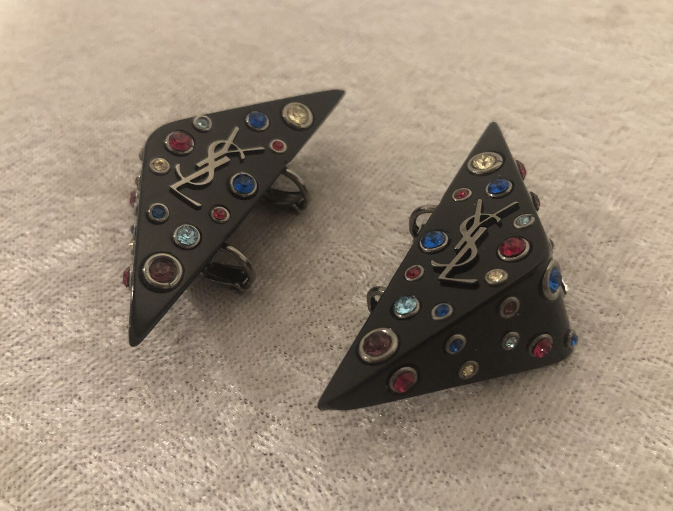 New Saint Laurent Crystal Monogram YSL Logo Triangle Clip On Earrings $495.00