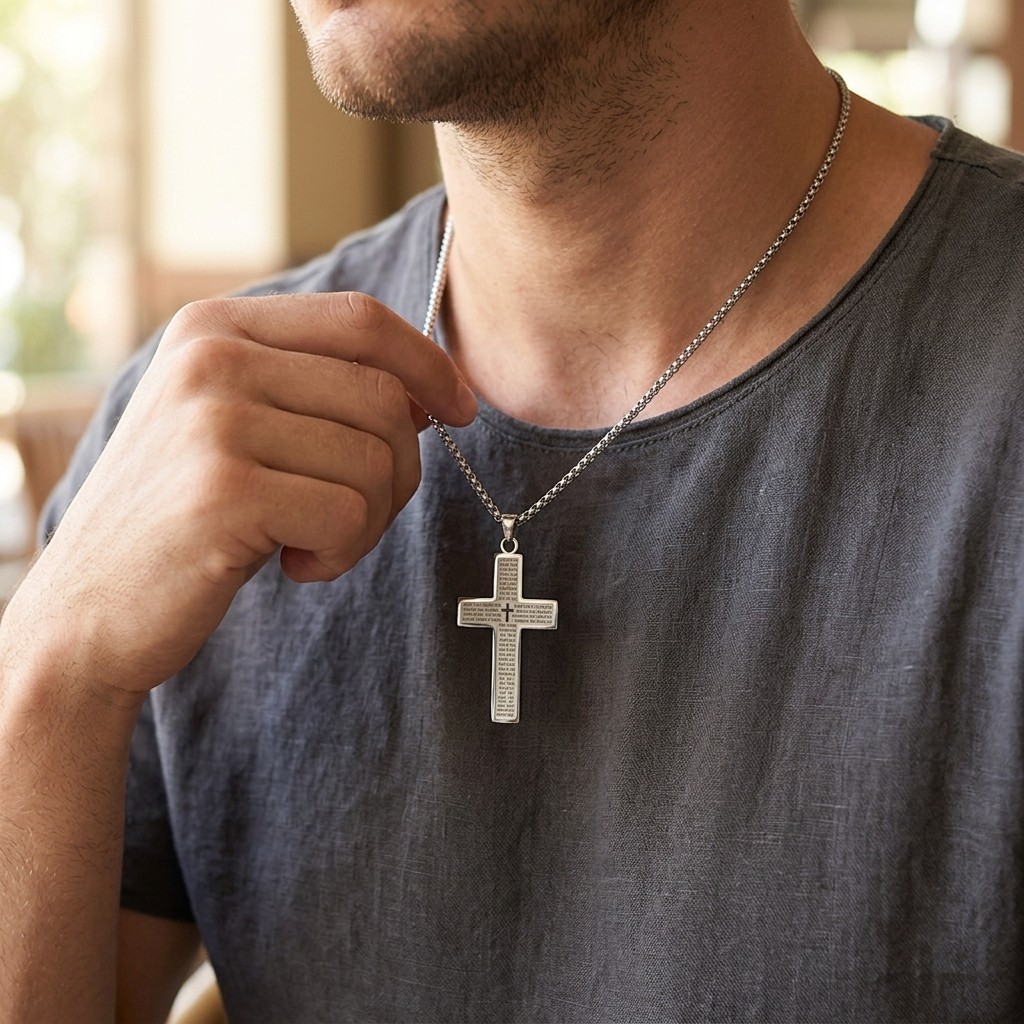 Lord’s Prayer Cross Pendant Necklace Men’s Stainless Steel Religious Jewelry