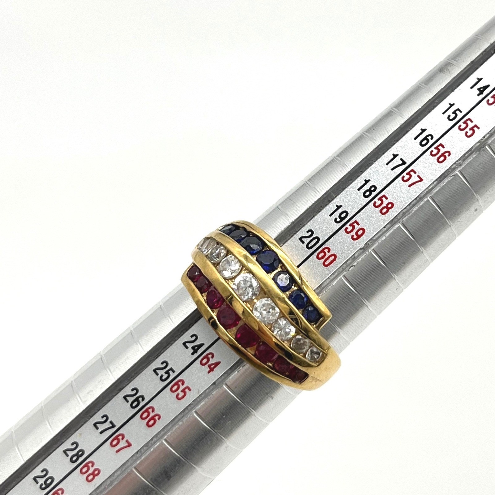 Gold Vermeil Sterling Silver Red White Blue Channel Set Triple Row Ring Size 10