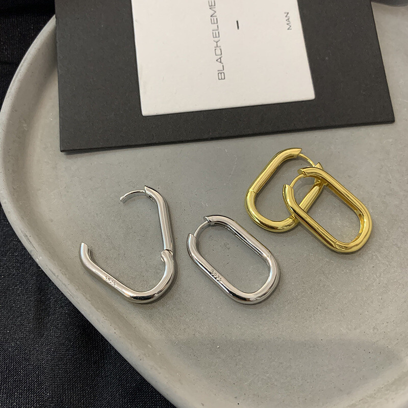 Women 925 Sterling Silver Gold Plated U-Shape Plain Huggie Hoop Earrings 22mm A9