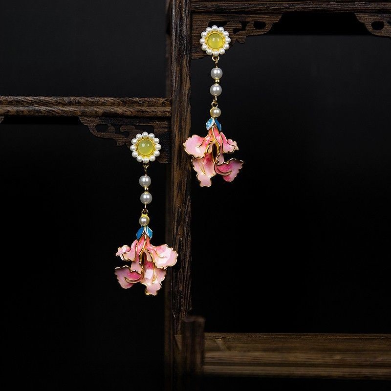 Chinese Style Magnolia Flower Tassel Earrings Enamel Drop Dangle Stud