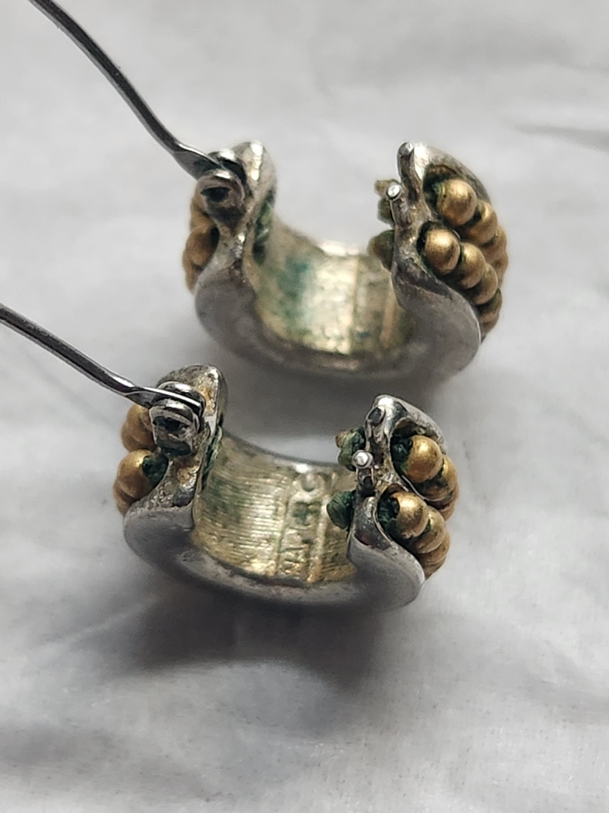 Signed Napier Two Tone Huggie Hoop Earrings Silver Gold Bead Accent Vintage