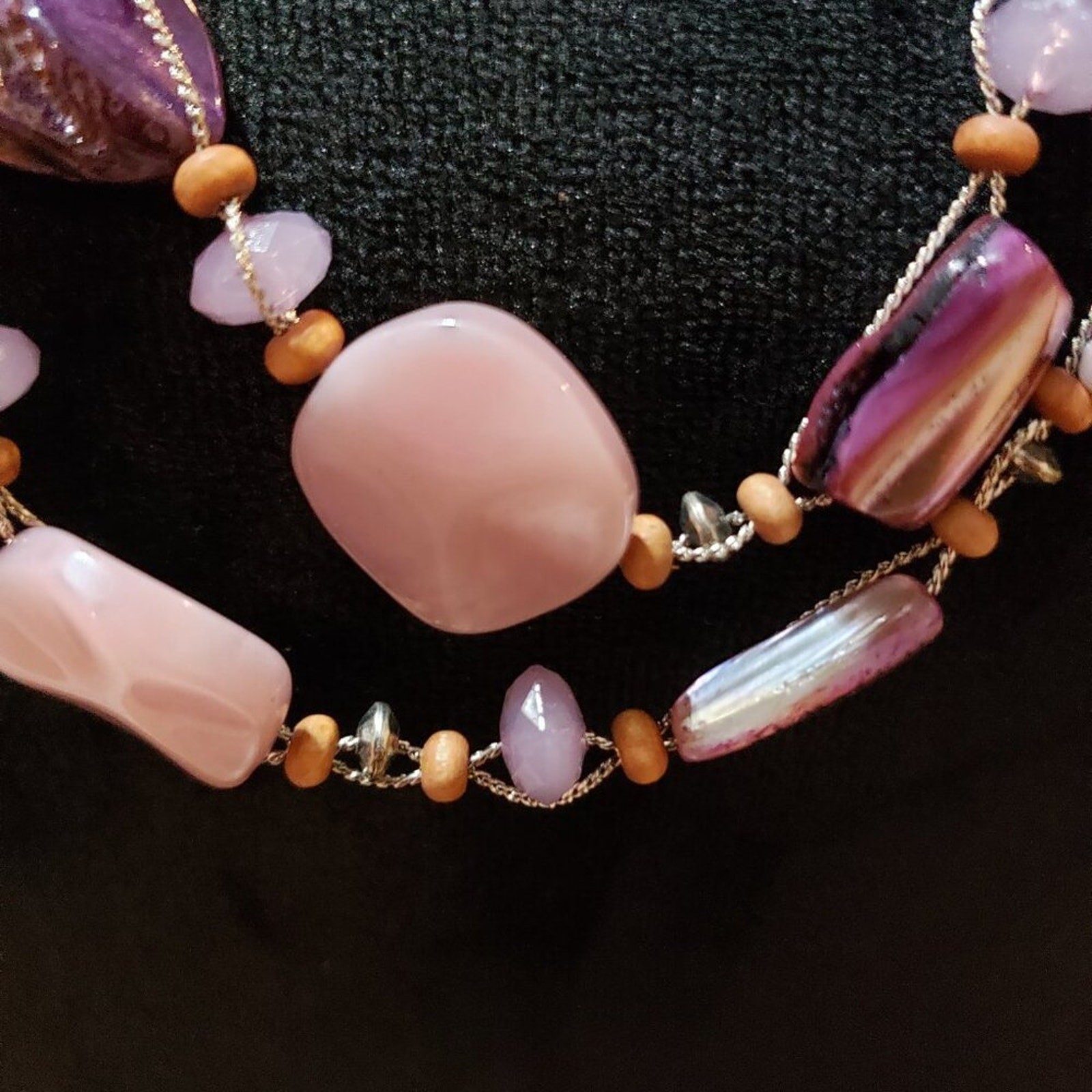 Womens Fashion Two Strand Chunky Amethyst Stones Seed Beads Necklace w/ Lobster