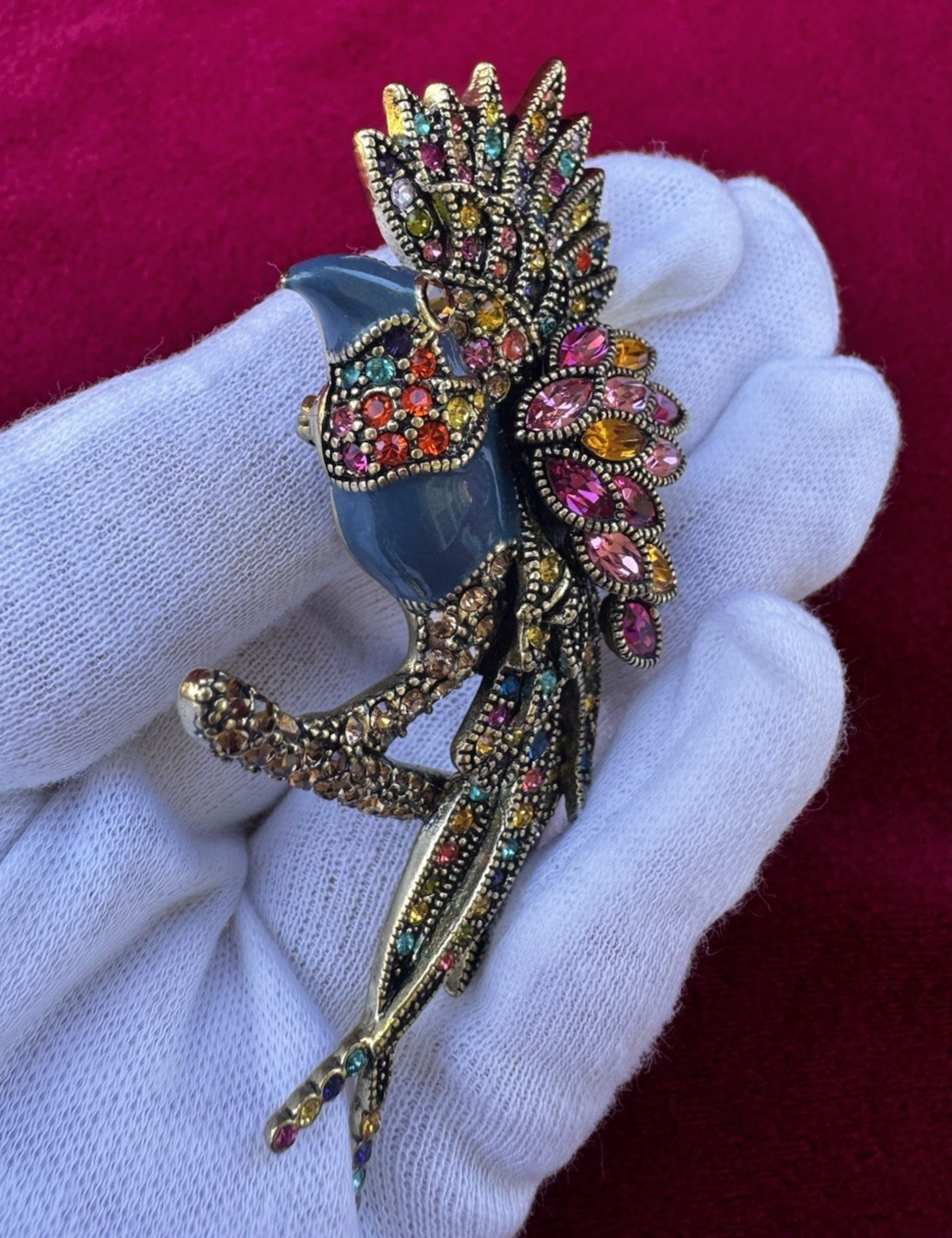 Heidi Daus “Fantastic Feathers” Bird with Crystal and Enamel Brooch Pin