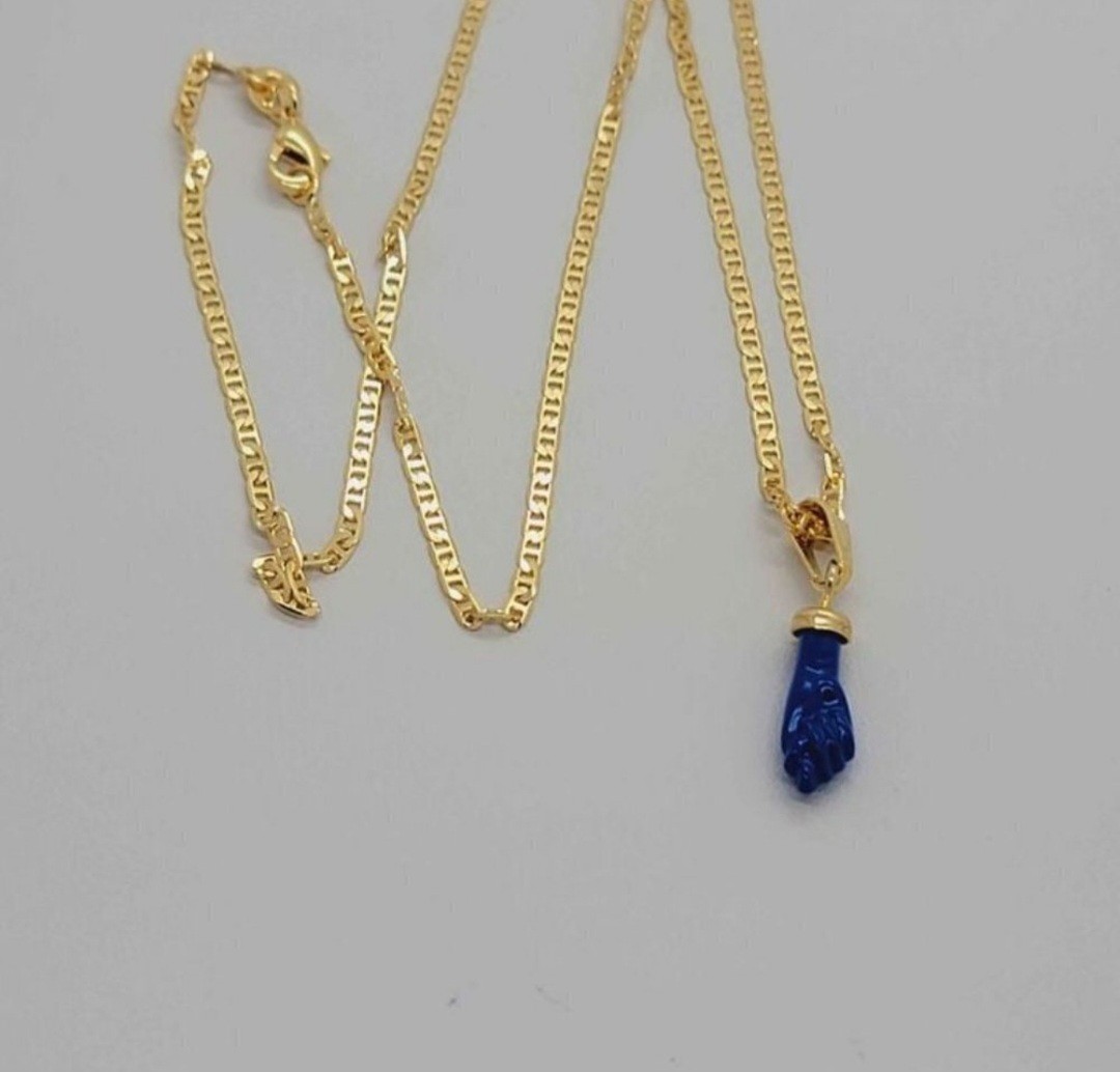 Blue Azabache Figa Necklace – 18K Brazilian Gold Filled Protection Charm