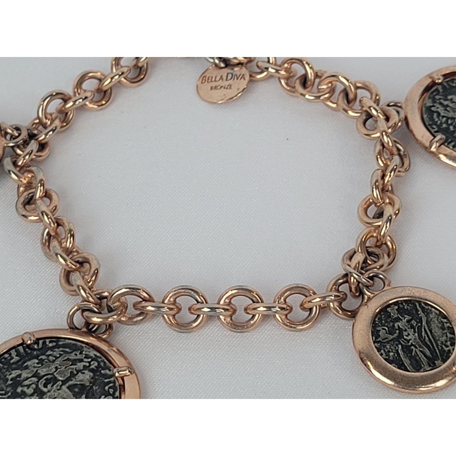 Bella Diva 18kt Rose Gold Plated Bronze Roman Coin Charm Vintage Bracelet