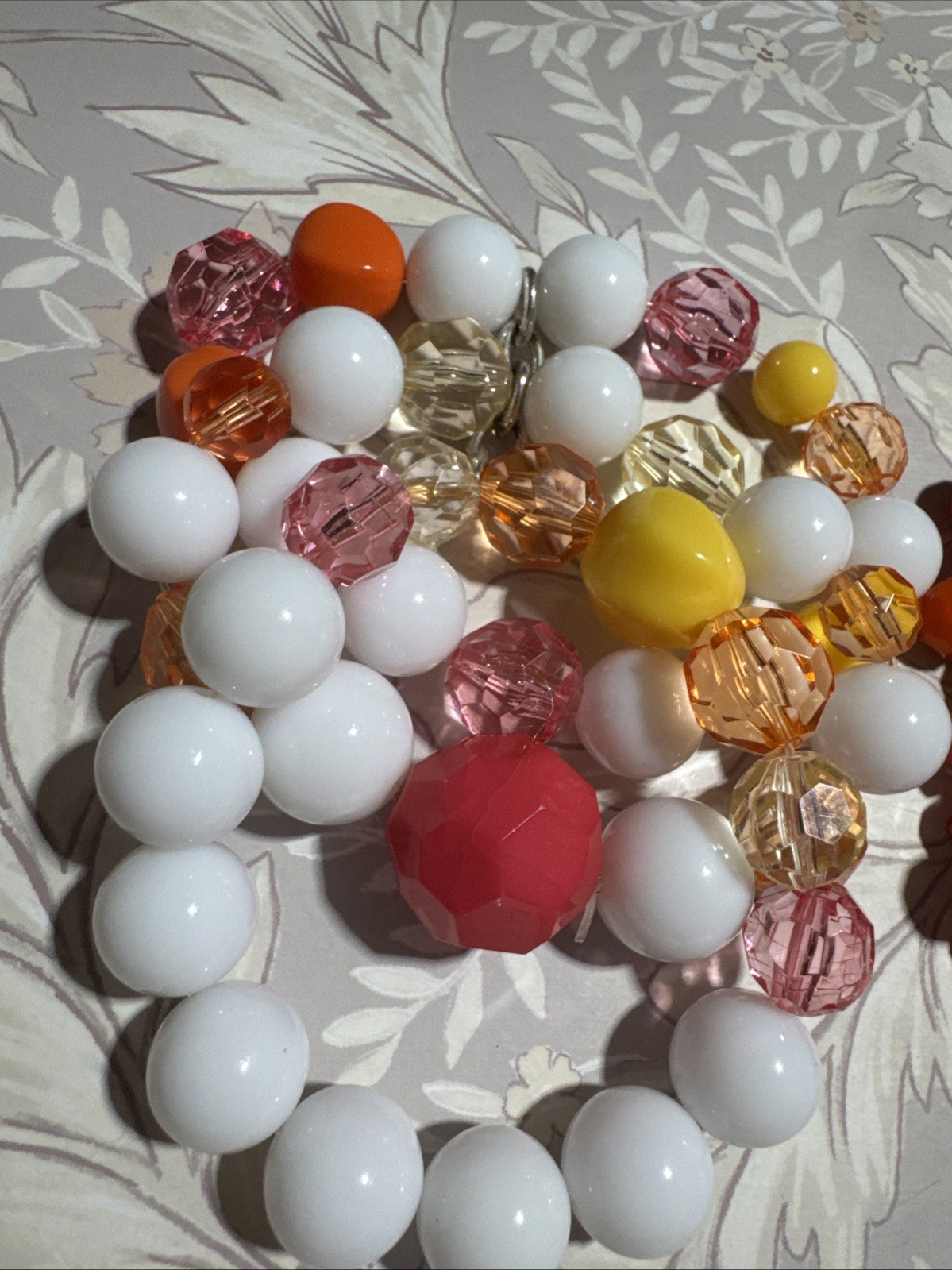 Lot Of 2 White Yellow Pink Orange Beaded Crystal Statement Bracelets Stretchy