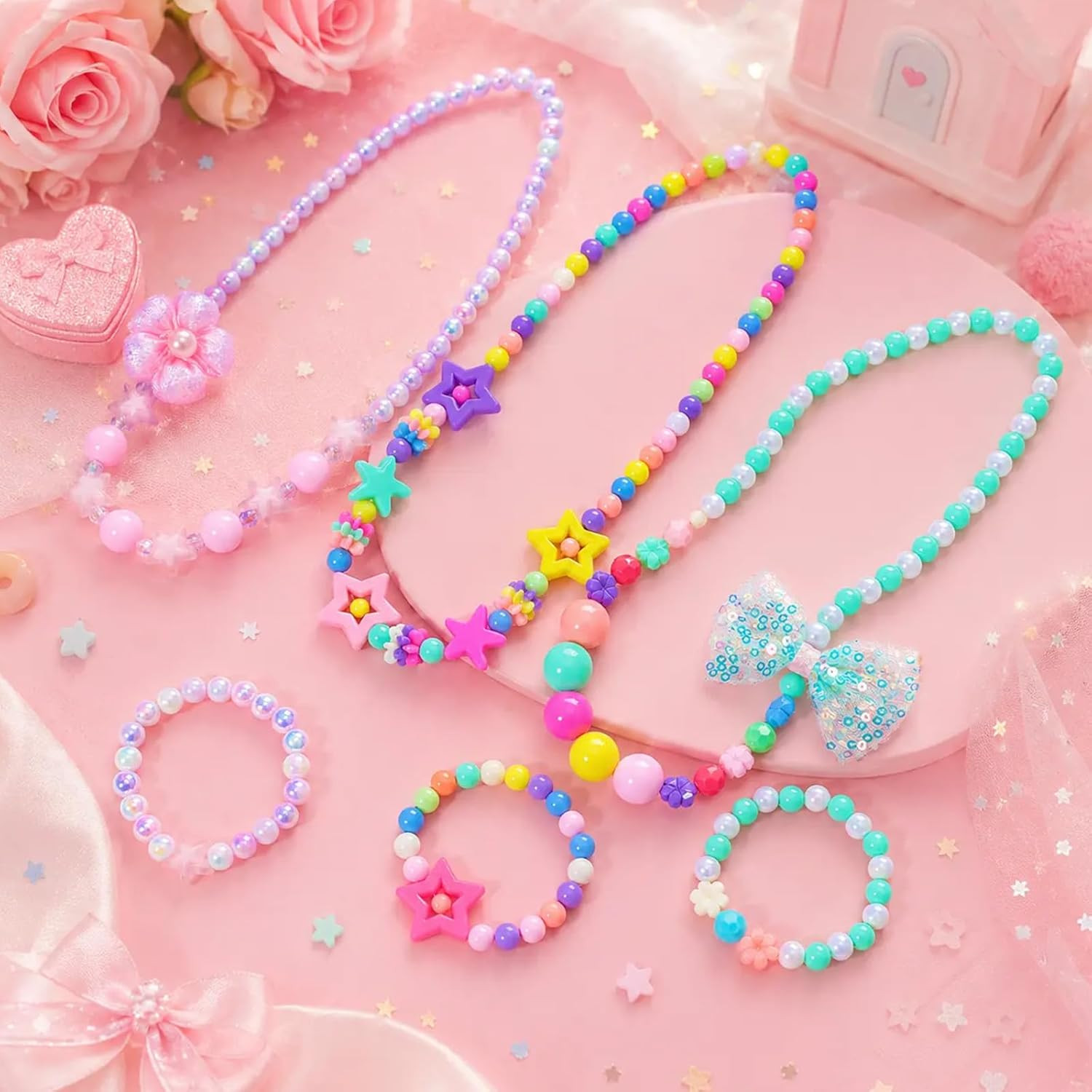 Kids Classic Jewelry, 6 Sets of Beaded Necklaces and Bracelets for Girls, Favors