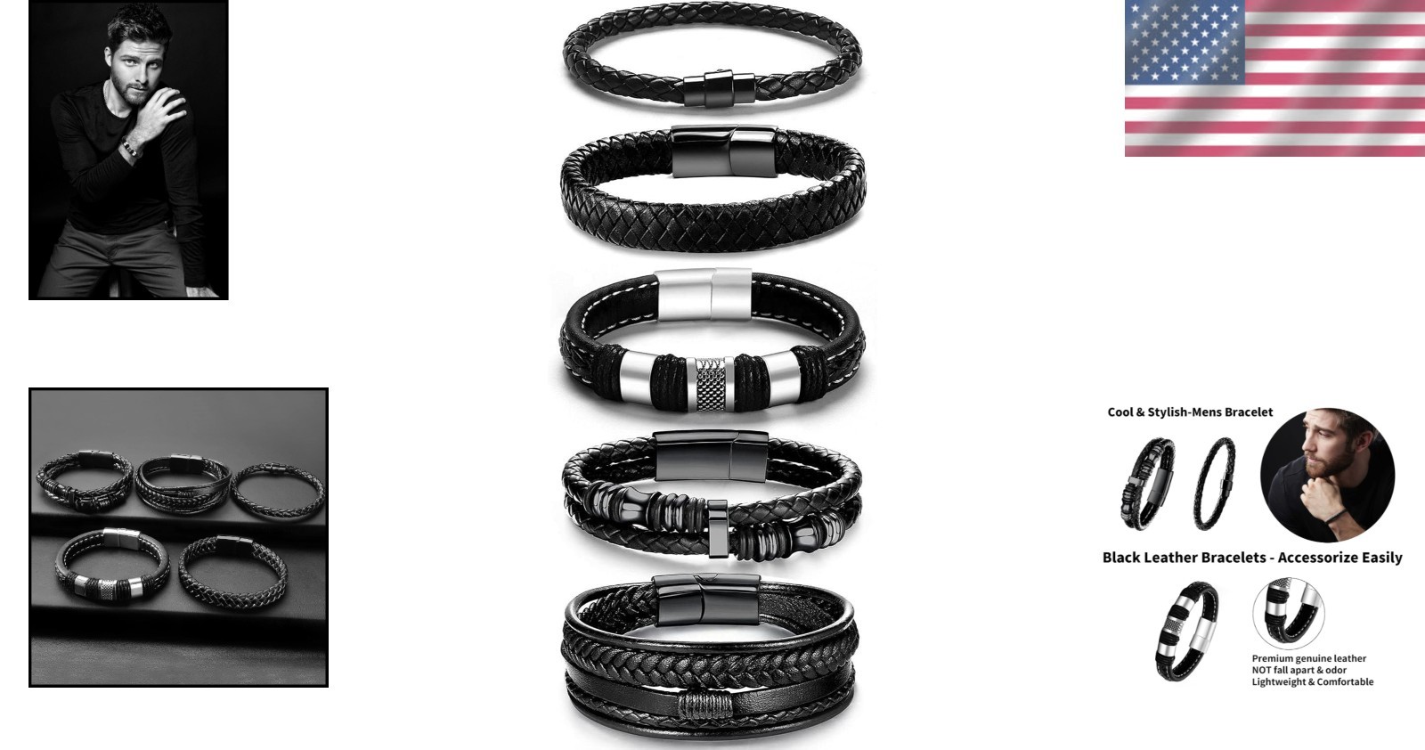 Adjustable Leather and Stainless Steel Bracelets