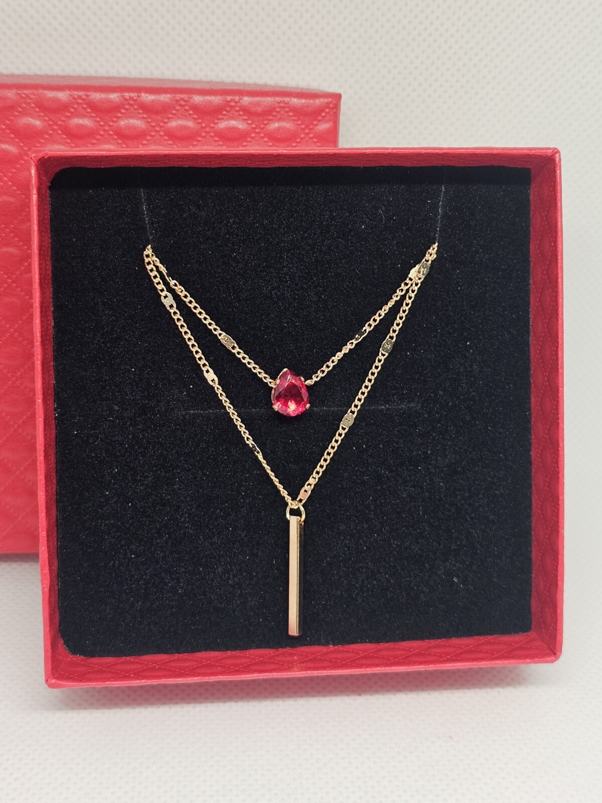 Everyday wear casual ladies Y-drop necklace jewellery red stone gold gift box