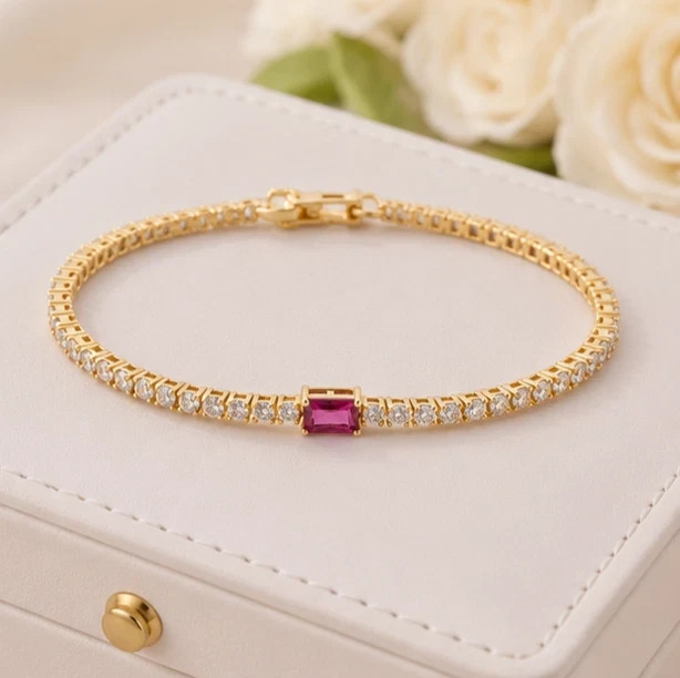 10 Ct Emerald Cut Simulated Pink Sapphire Tennis Bracelet 14K Yellow Gold Plated