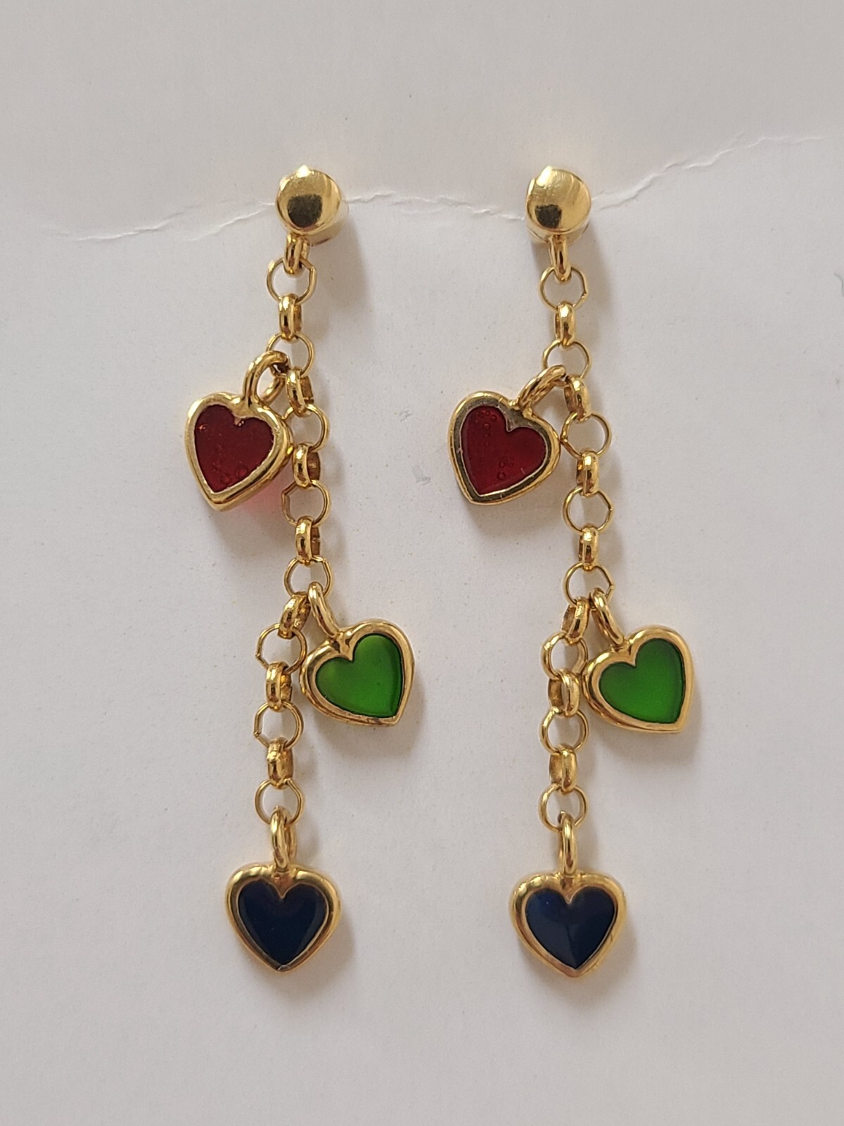 Triple Dangling Heart Earring 14k Yellow Gold Red Green Blue Enamel Hearts 38mm