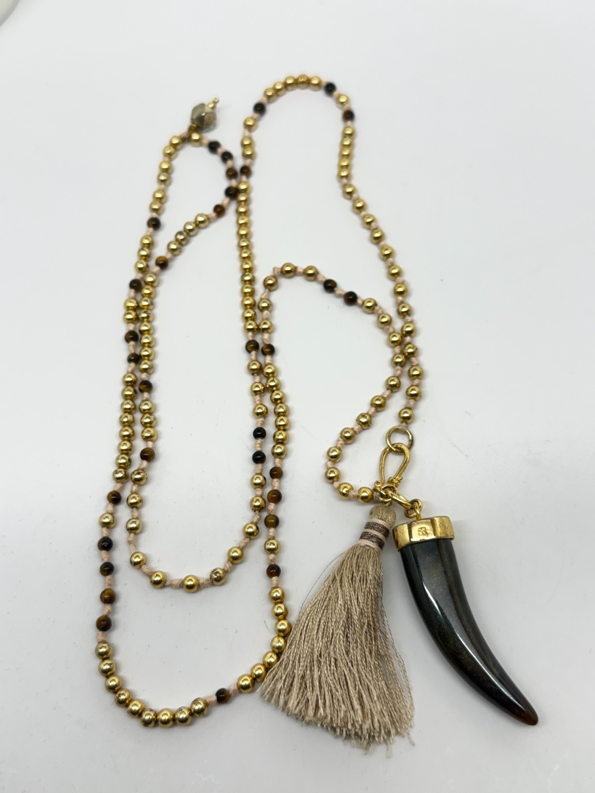 Banana Republic Beaded Necklace silk Tassel brown lucite Tooth pendant