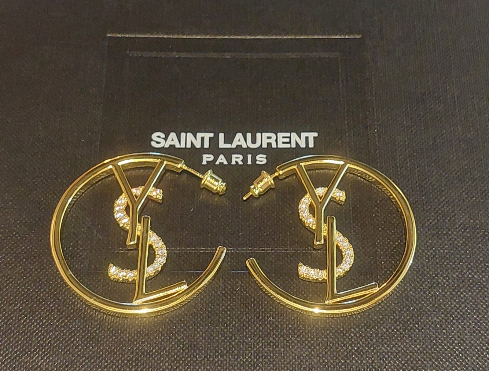 YVES SAINT LAURENT CRYSTAL HOOP EARRINGS – Box Included