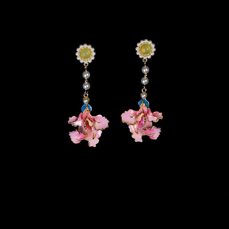 Chinese Style Magnolia Flower Tassel Earrings Enamel Drop Dangle Stud