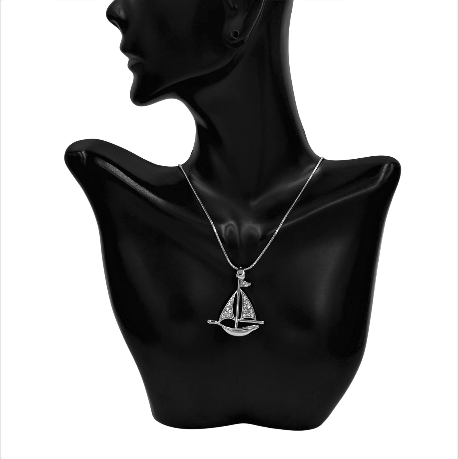 Crystal Stud Sailboat Pendant Necklace White Gold