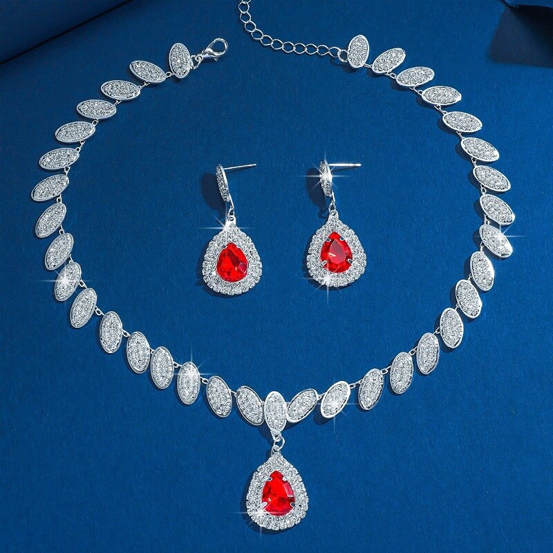 Purple/Clear/Blue Crystal Rhinestone Oval Teardrop Necklace Earrings Jewelry Set