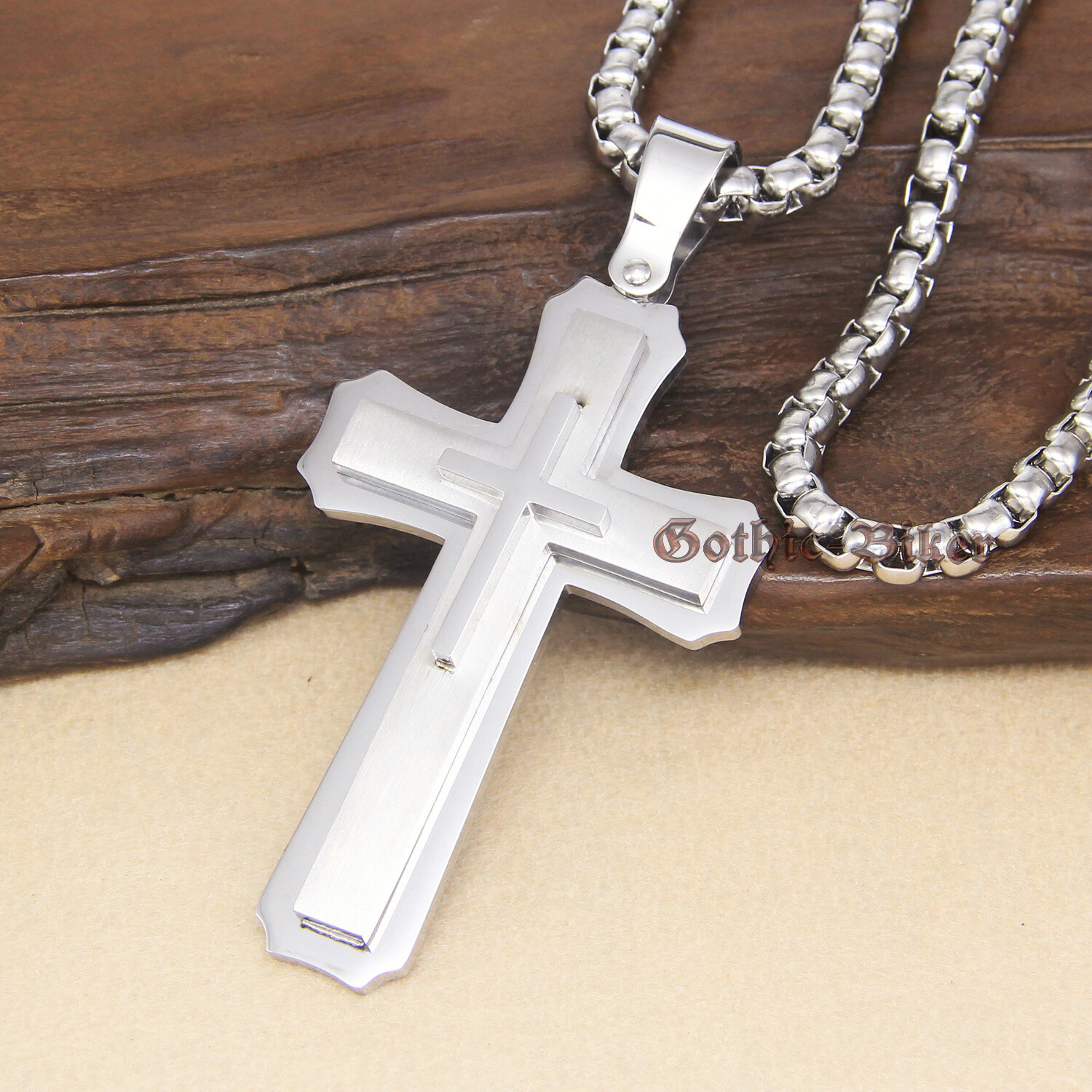 Men’s HUGE Large Heavy Solid 316L Stainless Steel Cross Pendant Necklace 3 Layer
