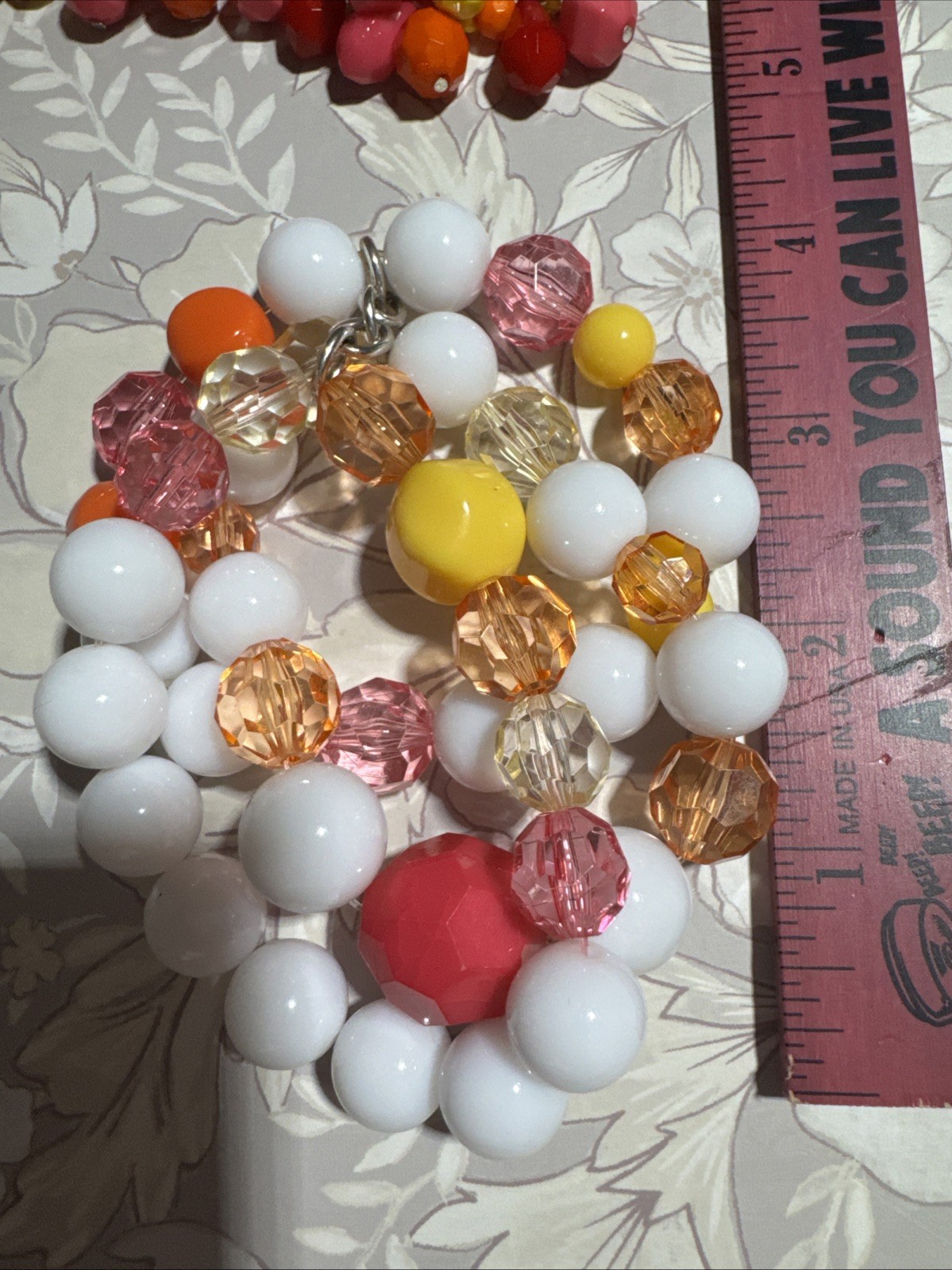 Lot Of 2 White Yellow Pink Orange Beaded Crystal Statement Bracelets Stretchy