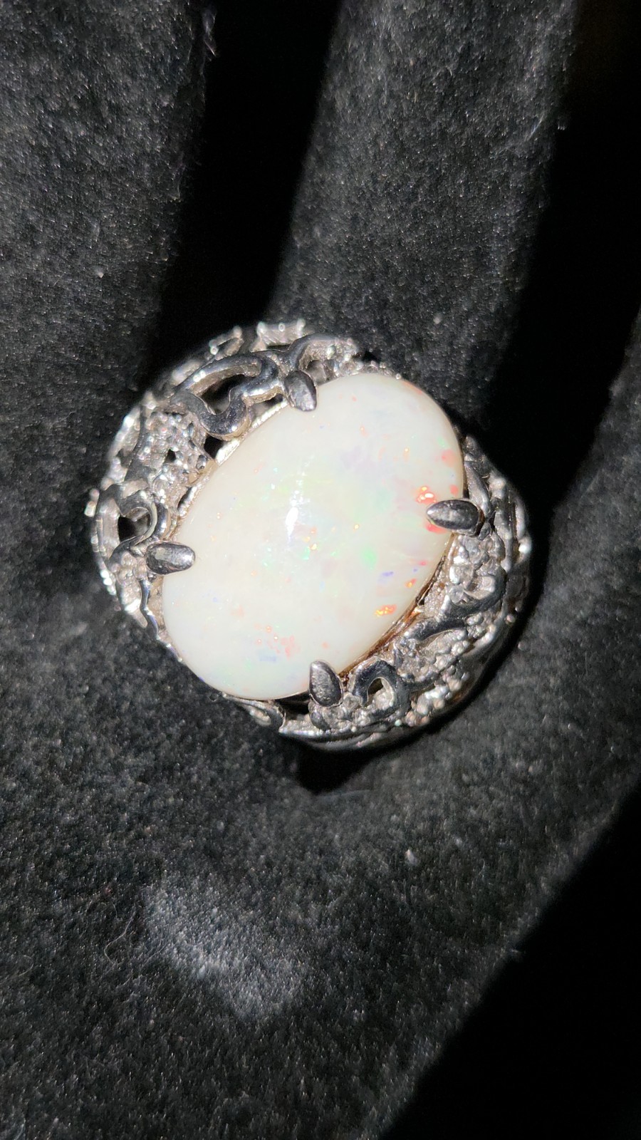 Silver Filigree Cocktail Ring w/ Oval 8ct Lightening Ridge Australian Opal