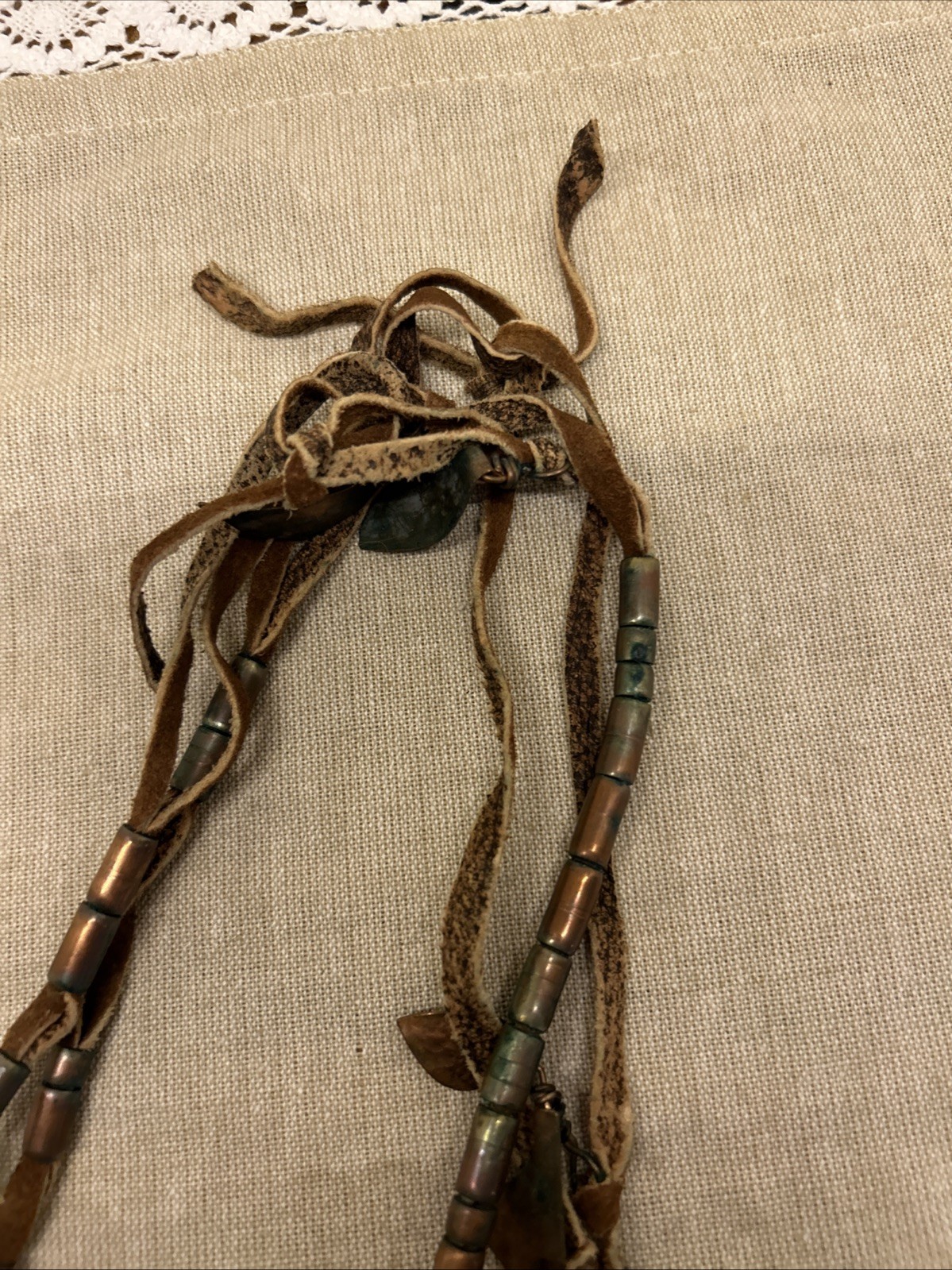 Set of Two Boho Tribal Style Necklaces Leather Cord Copper Metal Charms Beads