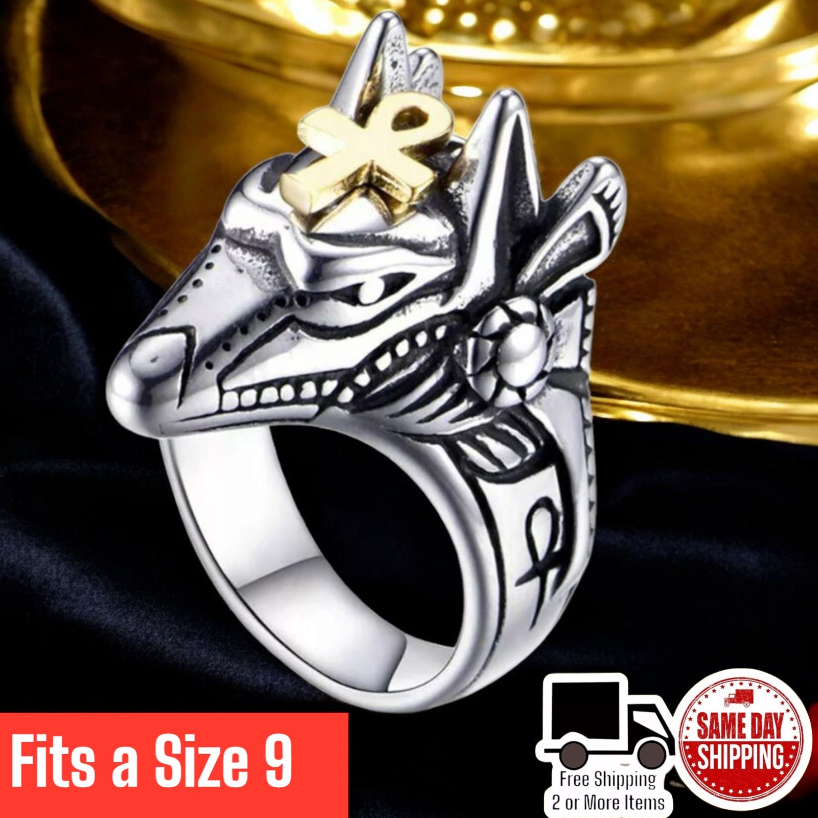 Mens Egyptian Ankh Pharaoh Anubis Pyramid Ring Stainless Steel Size 9 Gothic