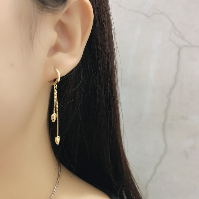 Women Sterling Silver Plated Tassel Chain Heart Huggie Hoop Dangle Earrings PE54