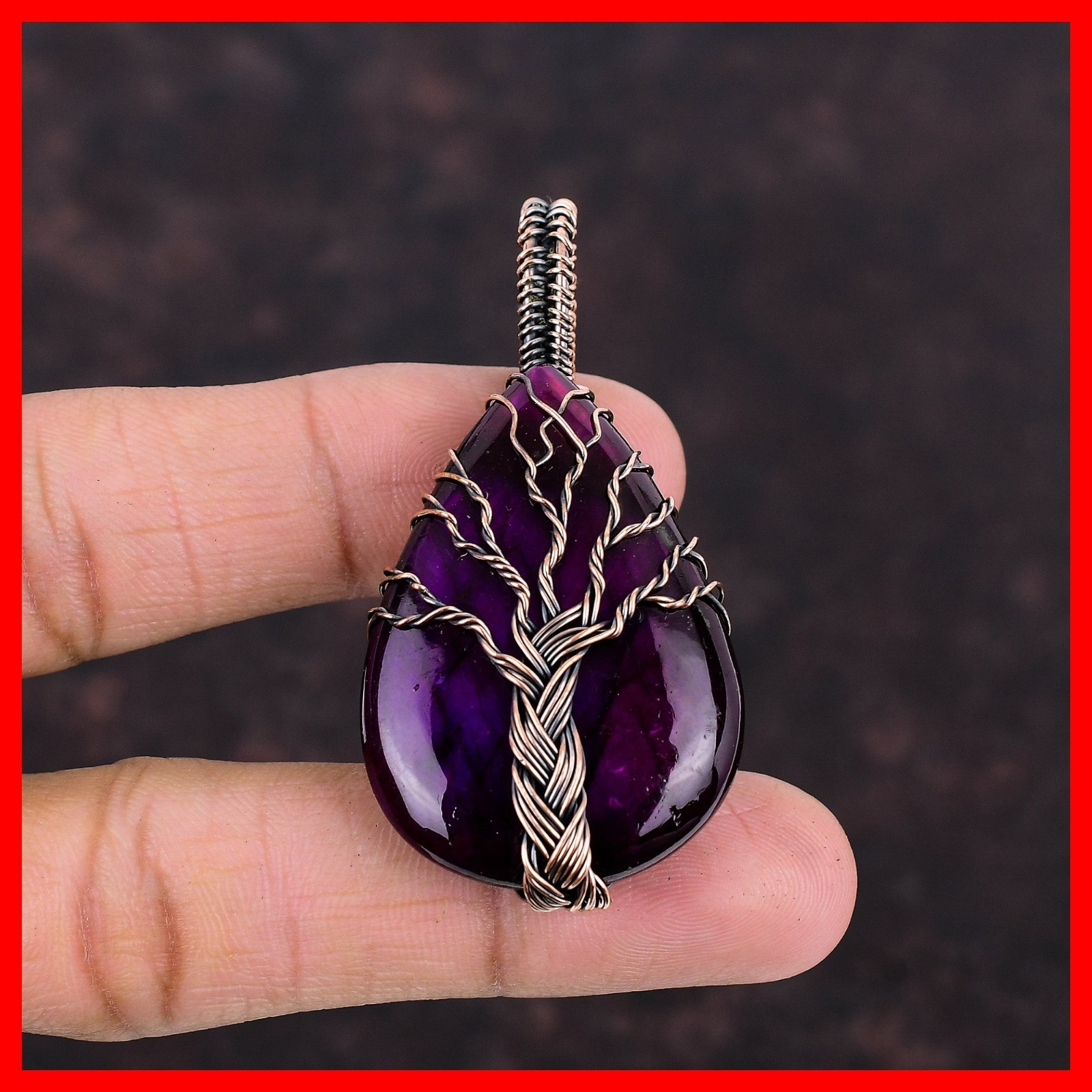 Pear Natural Pink Fire Labradorite Copper Tree Of Life And Wire Wrapped Pendant