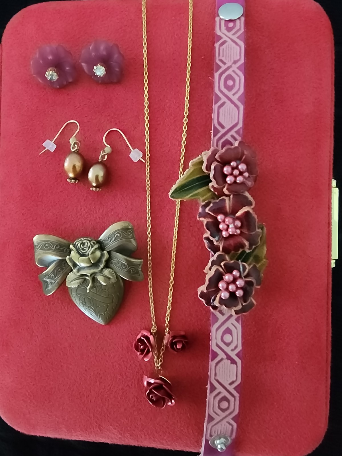 Jewelry Lot 2 Pair Earrings, 1 Broch, 16 In Necklace 8.5 In Leather Bracelet