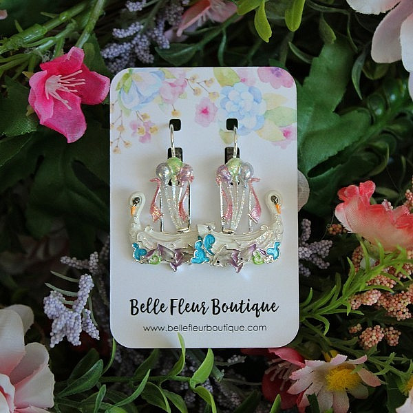 Kirks Folly Enchanted Swan Boat Ship of Dreams & Dolphins Leverback Earrings ST