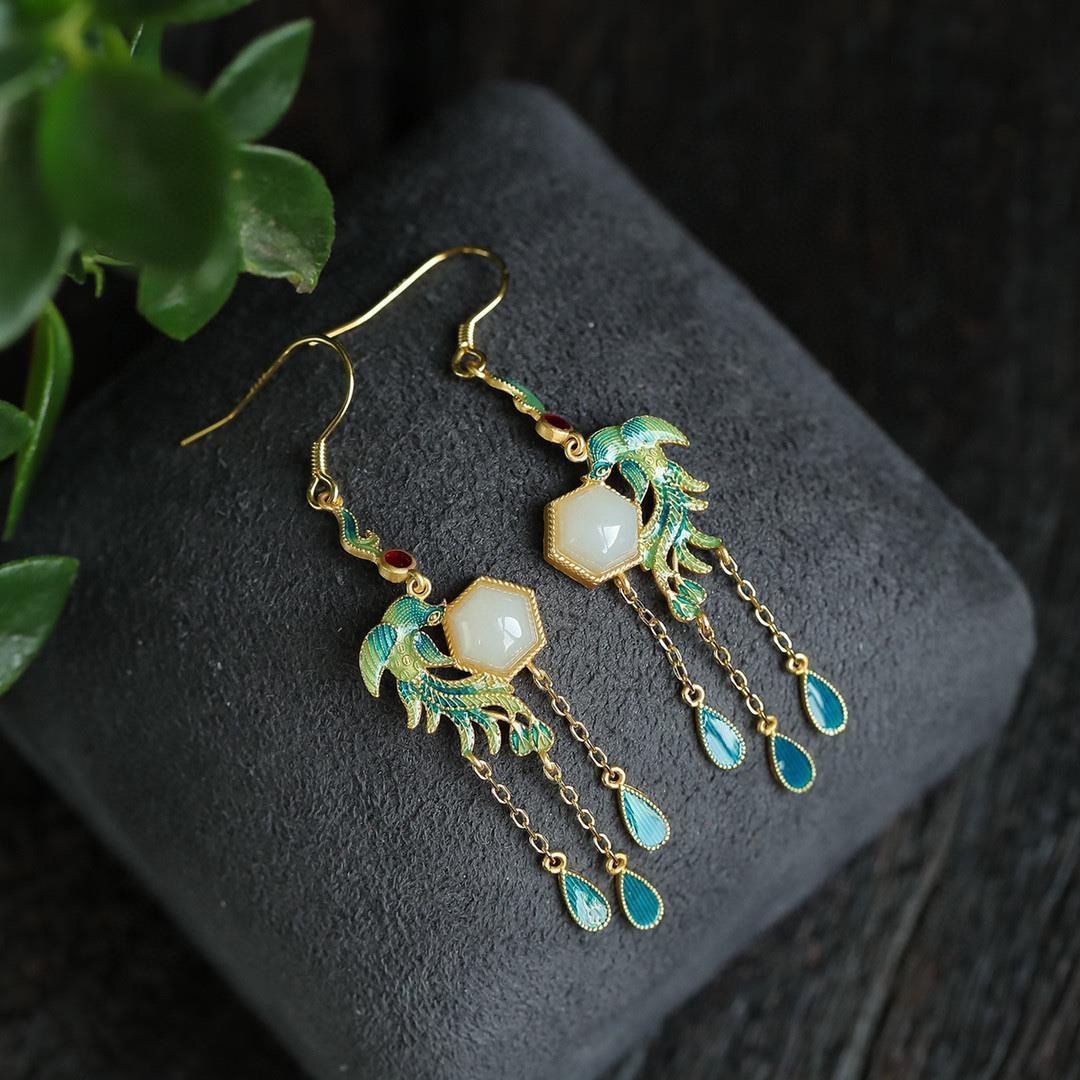 Vintage Chinese Style Hetian Inlay Earrings Stud Jewelry Women Accessories