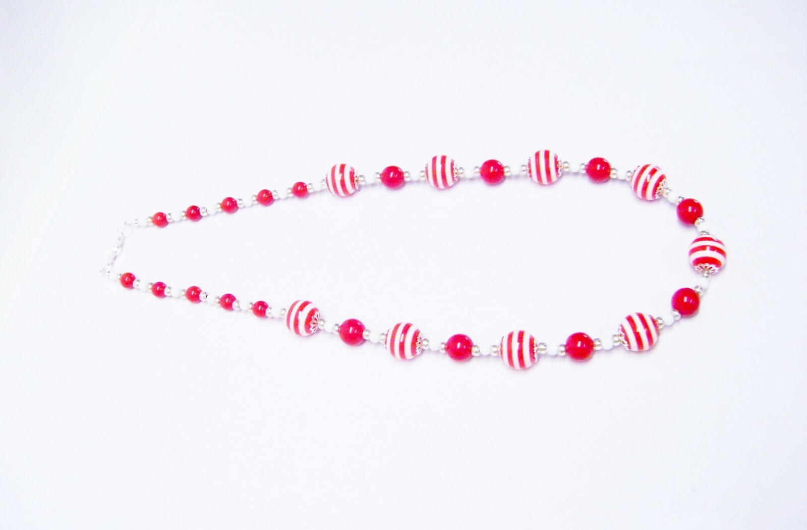 Red/White Stripe Acrylic w/White Glass Bead Necklace/Bracelet/Earrings