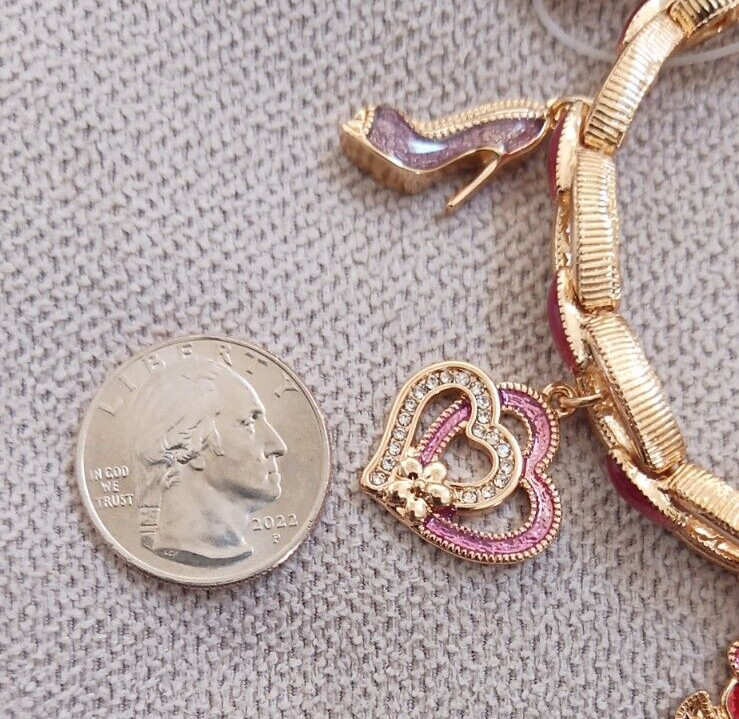 NWT Napier Gold Tone Love & Beauty Charm Stretch Bracelet Heart Rose Lipstick ++