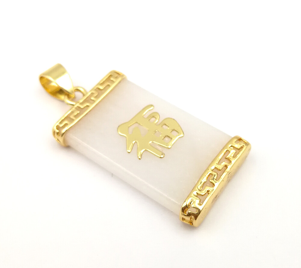 Green Multicolor Genuine Jade Blessing Fortune 18KGP Rectangle Pendant Necklace