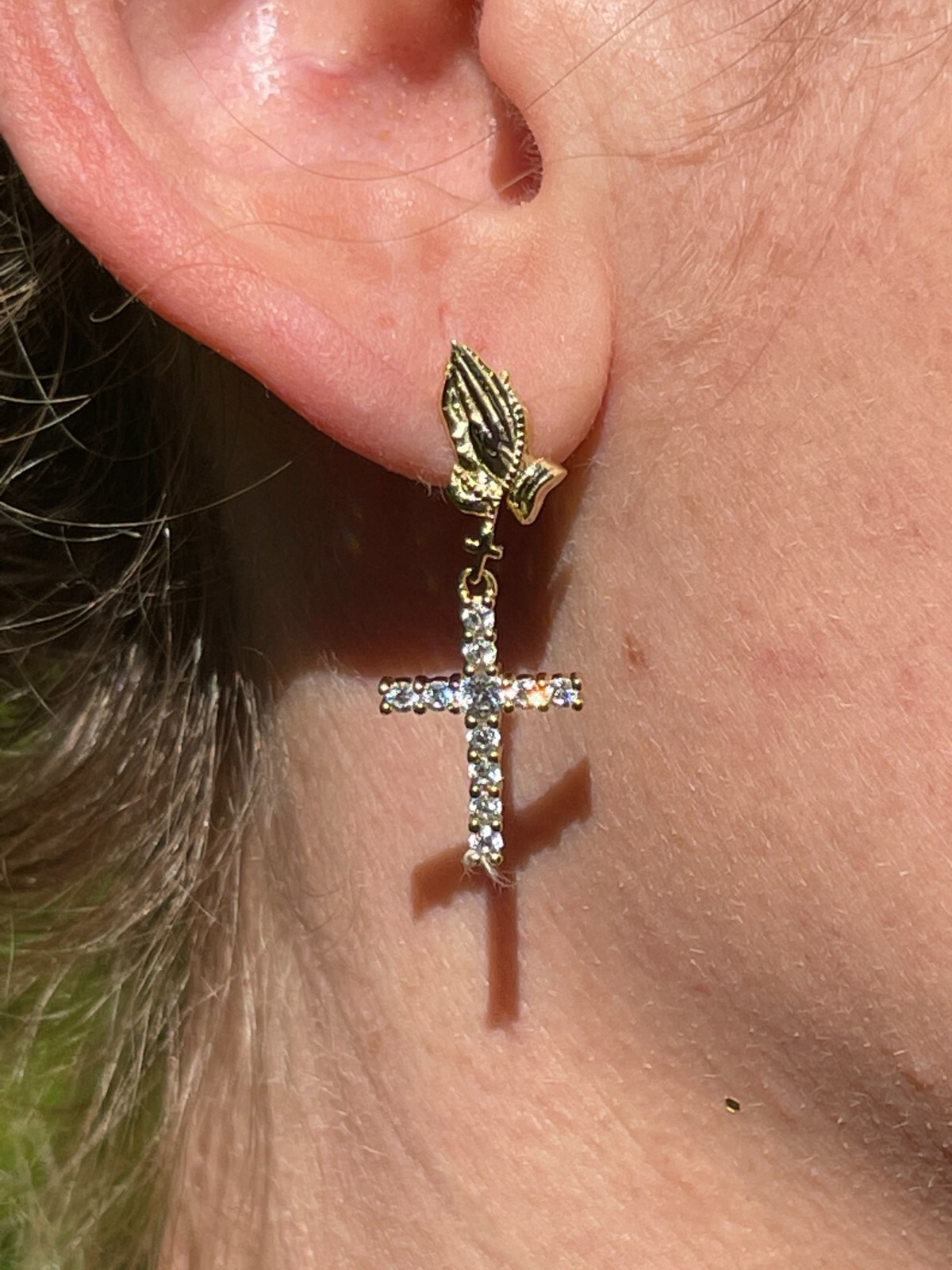 14k Gold Plated Real 925 Sterling Silver Praying Hands Cross Dangle Earrings
