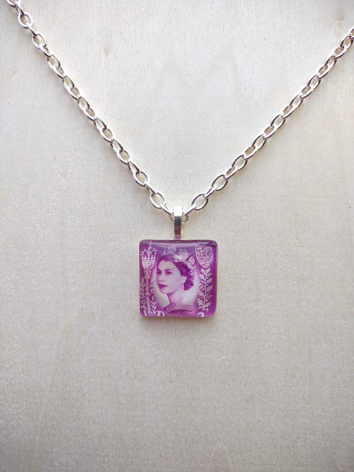 Handmade Authentic Postmarked Queen Elizabeth Postage Stamp Glass Tile Necklace