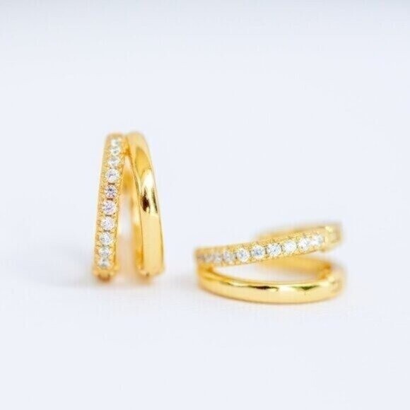Everyday Huggie Earrings Double Huggies Gold CZ Pave Dainty Small Gold Hoops